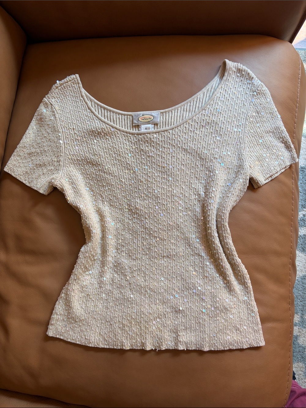 Talbots Cream Sequin Scoop Neck Short Sleeve Top